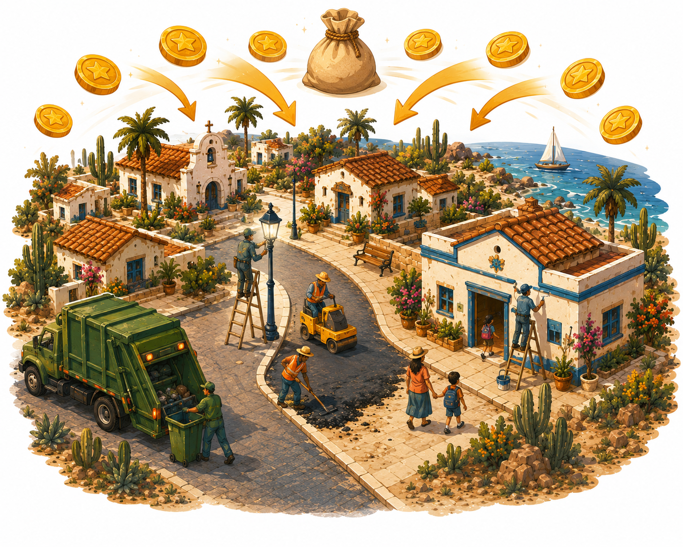 Monedas fluyendo hacia el pueblo próspero — ilustración de campaña