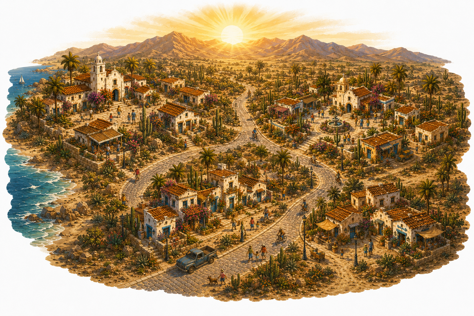Tres pueblos conectados con amanecer — ilustración de campaña